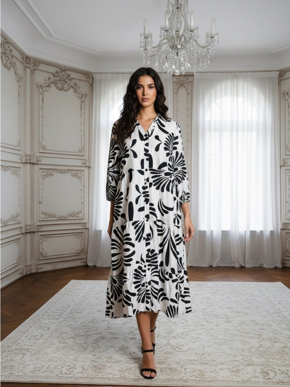 Mlle Gabrielle Black and White Floral Button-Front Dress
